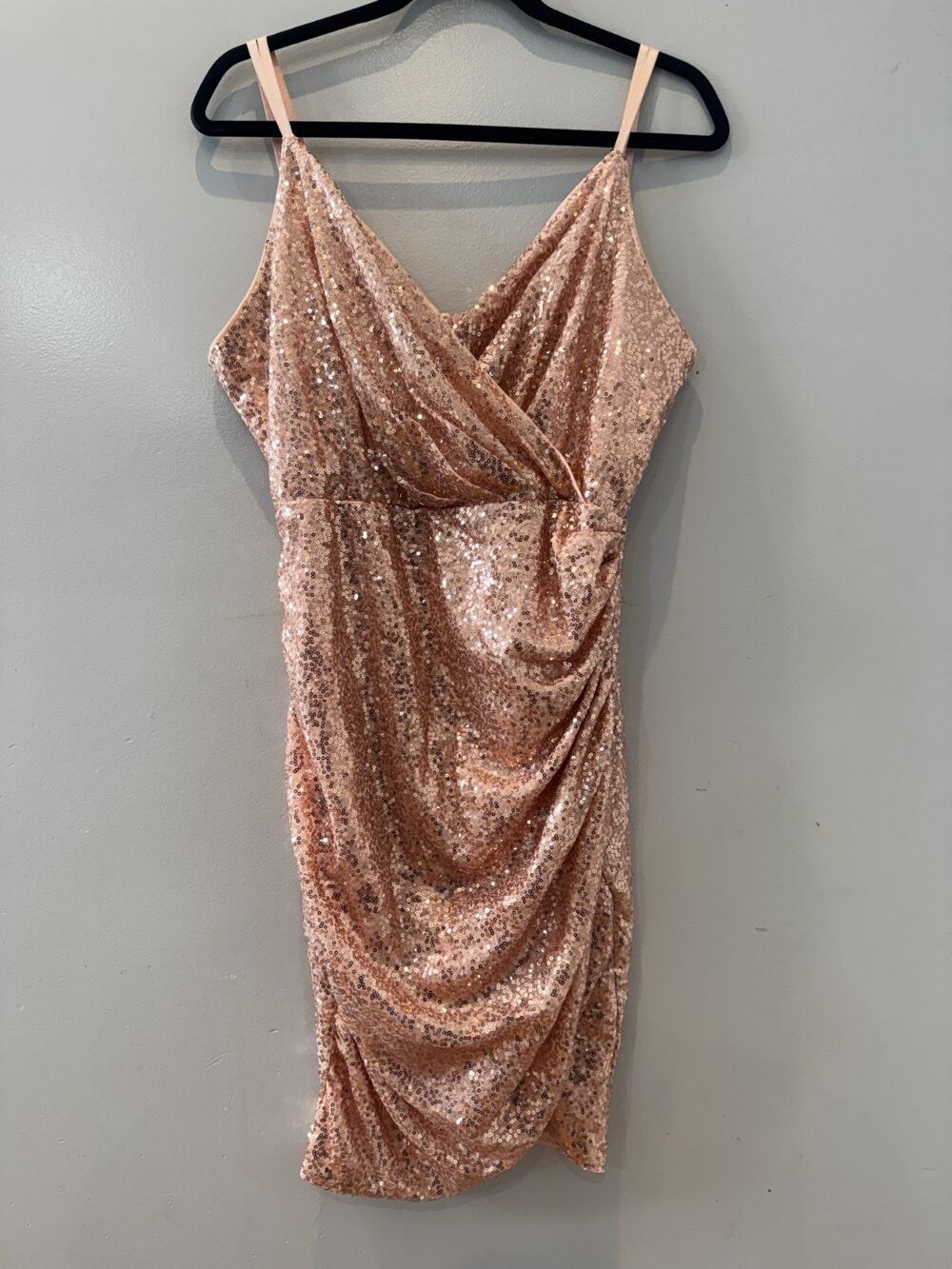 Grace Karin Rose Gold Sequin Bodycon Mini Dress Women’s L Spaghetti Strap Ruched